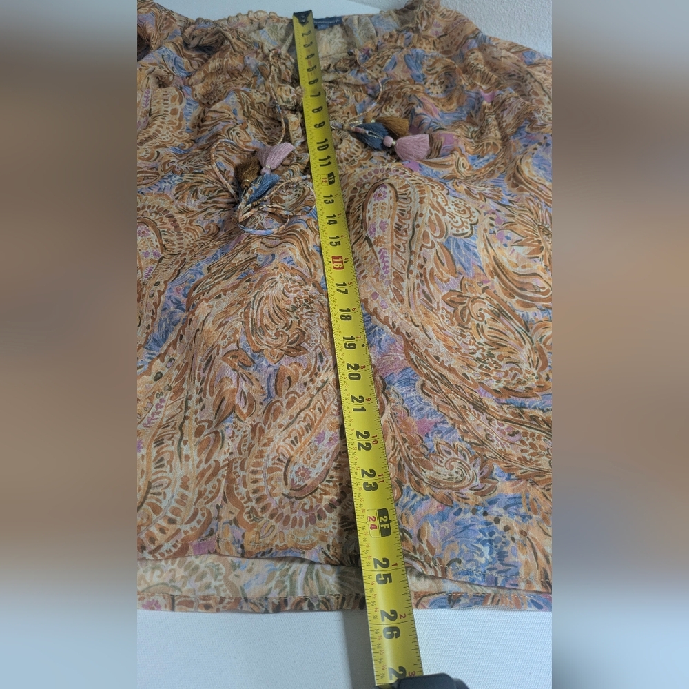 Democracy Womens Yellow Brown Paisley Sheer Peasant Top + Blouse Size L $88 EUC - Picture 11 of 13